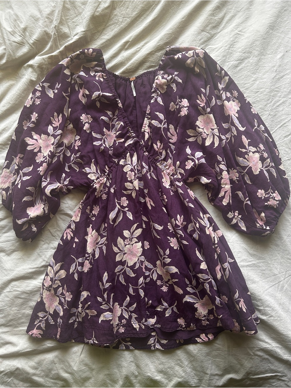 Free People Purple Floral Puff-Sleeve Mini Dress